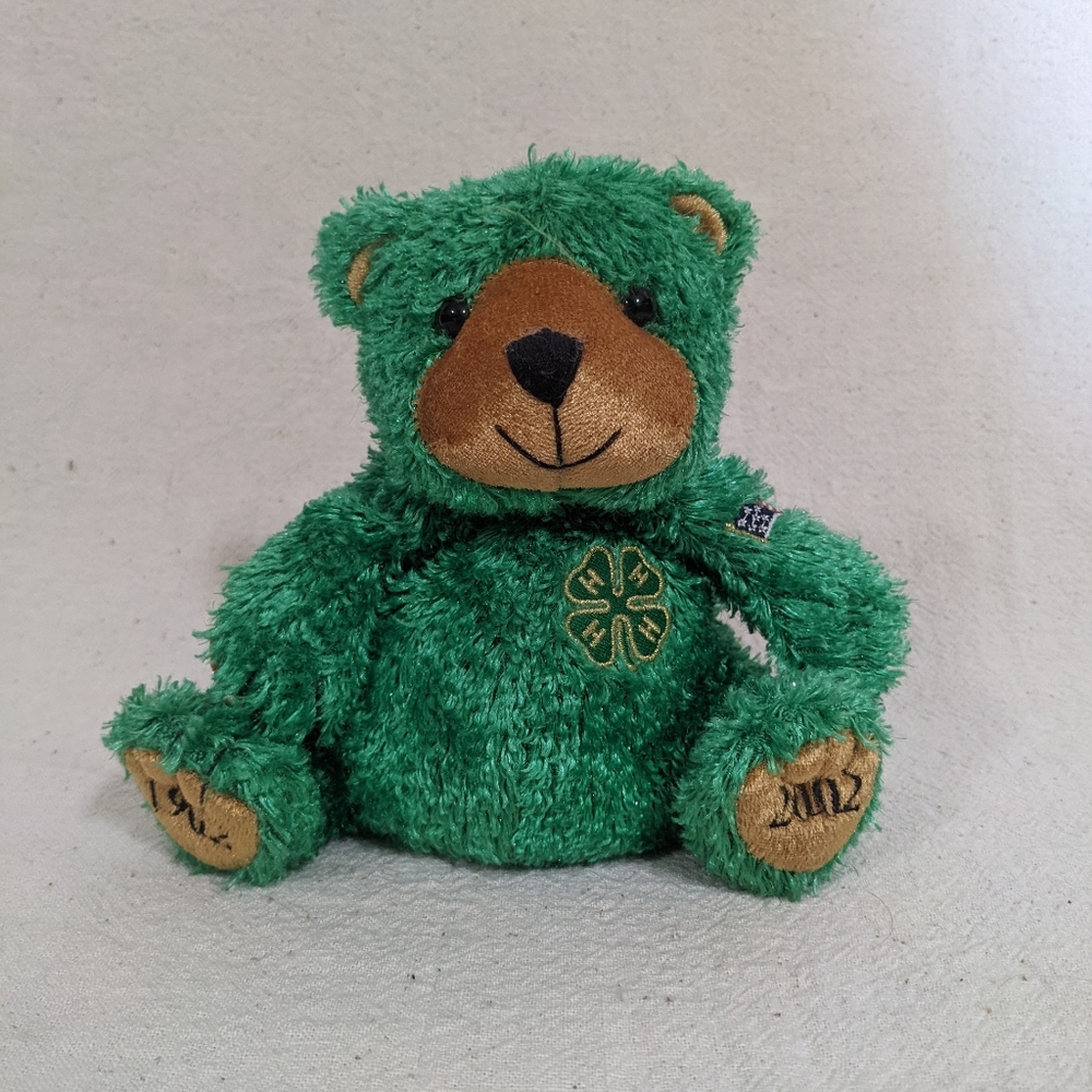 Vintage Green Bear 6 in. Bean Plush 4-H Clover Flag Metallic Glory Be 1902 2002